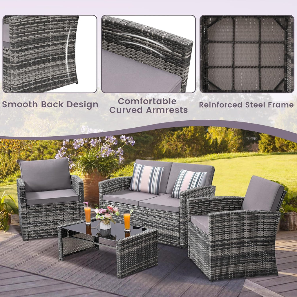 KROFEM 4-Piece Patio Furniture Set, Wicker Outdoor Rattan Sectional Sofa with Cushions and Glass Table, All-Weather Outdoor Conversation Set for Garden, Porch, Backyard, Patio, Light Grey