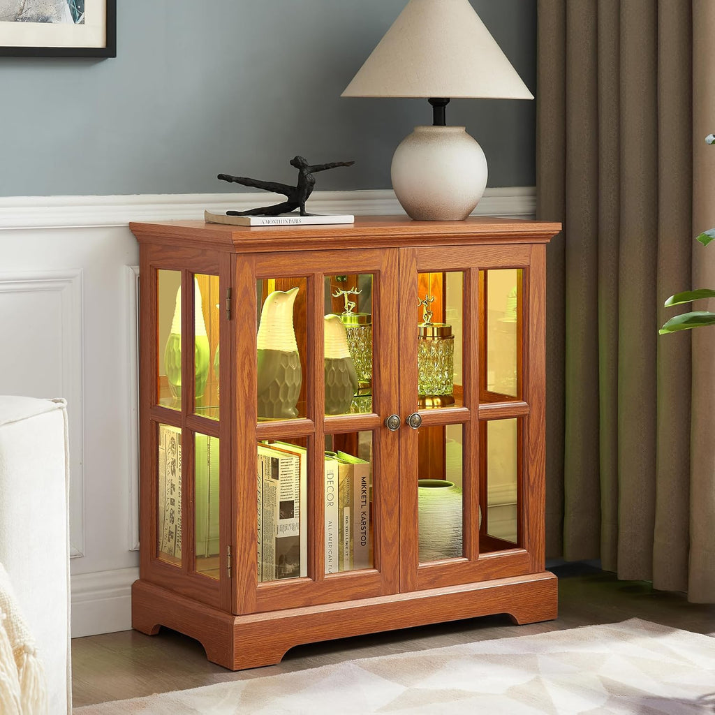 30' Glass Curio Display Storage Cabinet with LED Light, Modern 2 Lattice Doors Tableware Display Sideboard w/Adjustable Shelves, Retro Design Quality Showcase Bookcase for Home (Dark Oak)