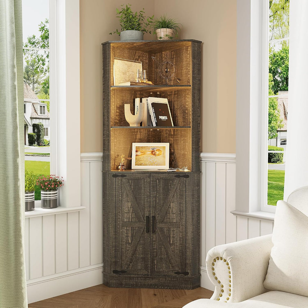 TAGELIER Farmhouse Corner Cabinet with LED Light, 67' Tall Bathroom Cabinet with 2 Doors and 3 Tier Shelves, Free Standing Corner Storage Cabinet for Living Room or Kitchen, Rustic Brown