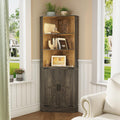 TAGELIER Farmhouse Corner Cabinet with LED Light, 67' Tall Bathroom Cabinet with 2 Doors and 3 Tier Shelves, Free Standing Corner Storage Cabinet for Living Room or Kitchen, Rustic Brown