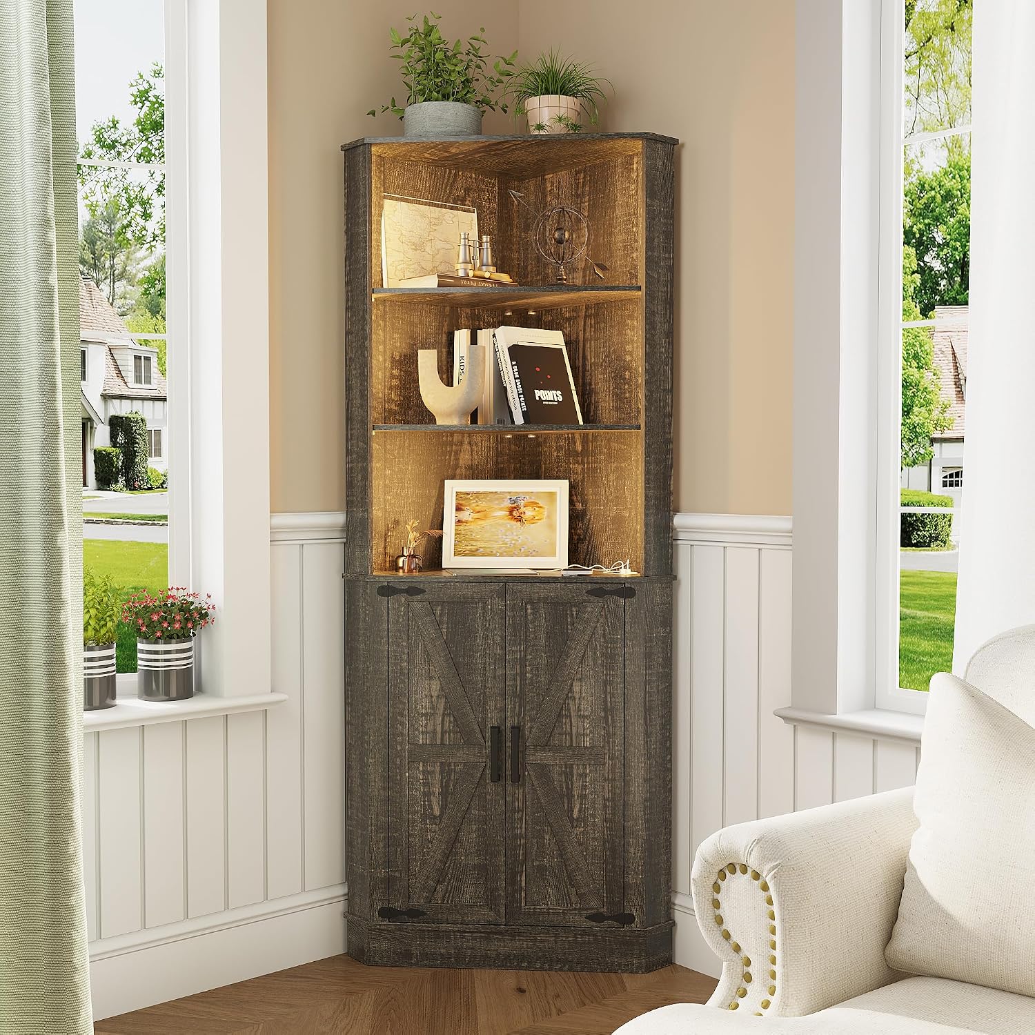 TAGELIER Farmhouse Corner Cabinet with LED Light, 67' Tall Bathroom Cabinet with 2 Doors and 3 Tier Shelves, Free Standing Corner Storage Cabinet for Living Room or Kitchen, Rustic Brown