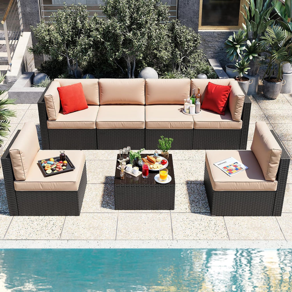 Vongrasig 7 Pieces Patio Furniture Sets, Outdoor Patio Conversation Set PE Rattan Wicker Sectional Sofa Couch with Glass Coffee Table for Garden, Poolside, Backyard, Beige