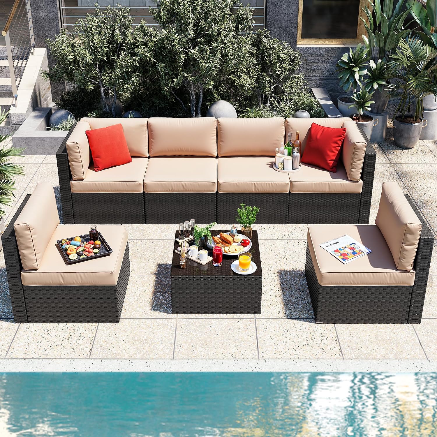 Vongrasig 7 Pieces Patio Furniture Sets, Outdoor Patio Conversation Set PE Rattan Wicker Sectional Sofa Couch with Glass Coffee Table for Garden, Poolside, Backyard, Beige
