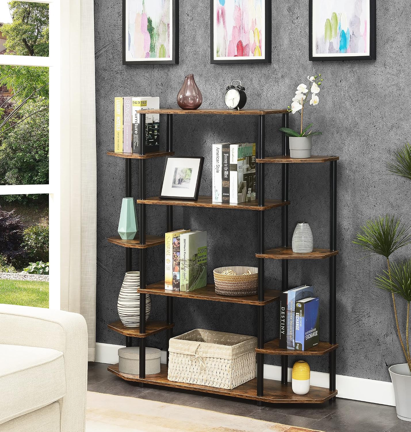 Convenience Concepts Designs2Go No Tools Wall Unit Bookshelf 47.25' - Contemporary Storage Shelves for Display, 10 Spacious Shelves for Modern Living Room, Office, Den, Barnwood/Black