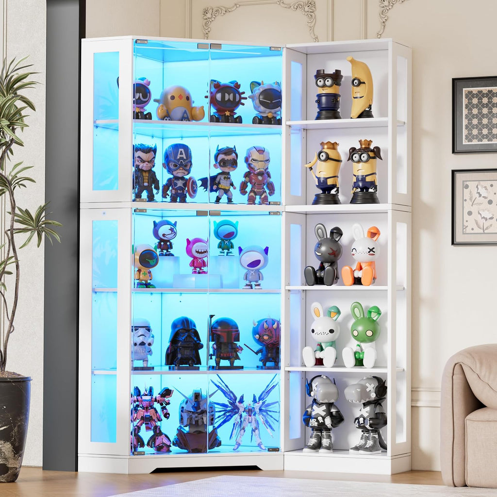 Corner Display Cabinet with Glass Doors,5-Tier Curio Cabinet with 3 Color Lights for Collectibles,71' Glass Display Case for Toys, Books, Extra Bookcase with 5 Dust-Proof Rack for Living Room, White