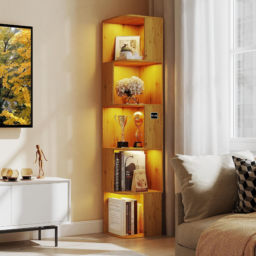 5 Shelf Bookcase - Corner Bookshelf with 3 Colors LED Sensor Lights Modern Cube Storage Organizer for Lego Books Living Room Study Bedroom - Ideal Gift (Wood)