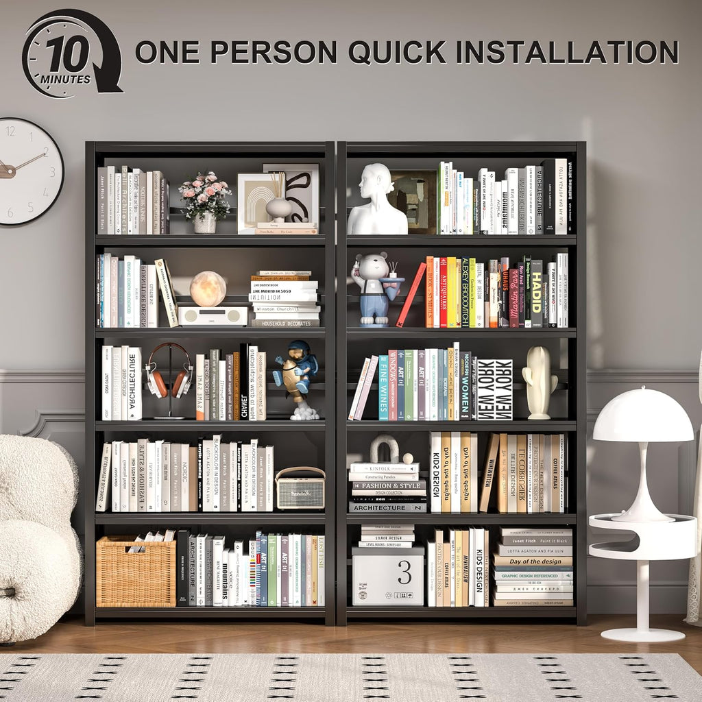 5 Tier Metal Bookshelf, Black 69' Tall Bookcase, Large Heavy Duty Book Shelves, Industrial Wide Book Shelves, Display Storage Shelves for Library Bedroom Living Room Office