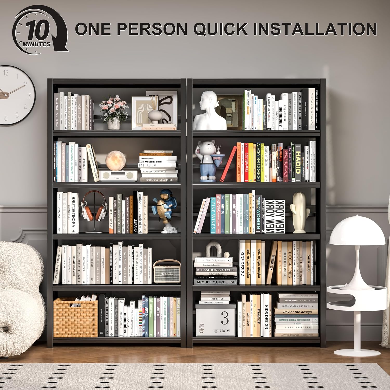 5 Tier Metal Bookshelf, Black 69' Tall Bookcase, Large Heavy Duty Book Shelves, Industrial Wide Book Shelves, Display Storage Shelves for Library Bedroom Living Room Office