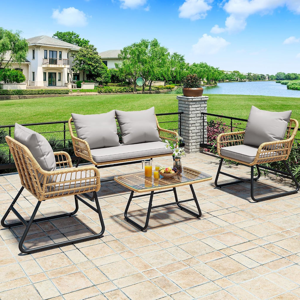 YITAHOME 4 Piece Patio Furniture Set, Outdoor Wicker Furniture Set with Removable Cushion, Rattan Patio Loveseat Set for Garden, Backyard, and Deck,Armchairs, Glass Side Table, Light Gray & Beige