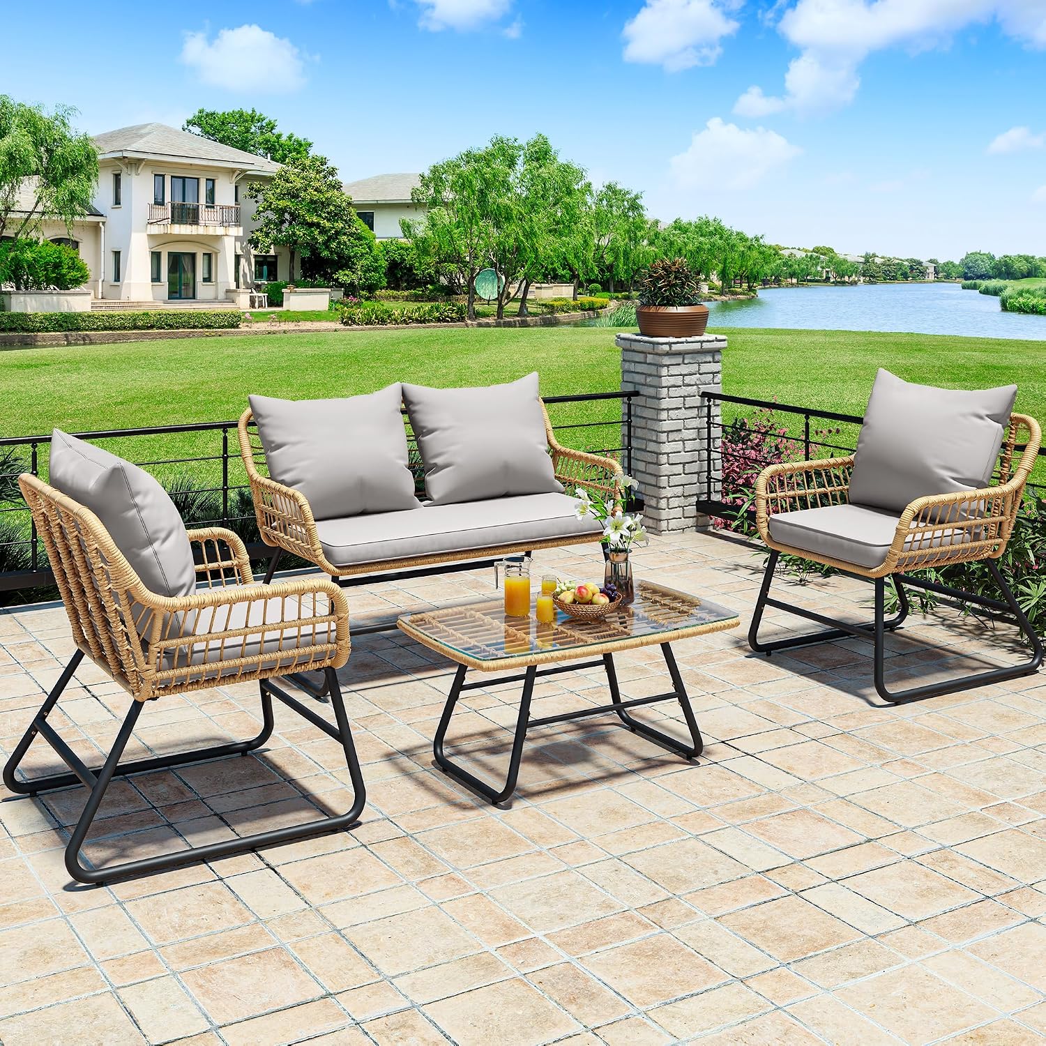 YITAHOME 4 Piece Patio Furniture Set, Outdoor Wicker Furniture Set with Removable Cushion, Rattan Patio Loveseat Set for Garden, Backyard, and Deck,Armchairs, Glass Side Table, Light Gray & Beige