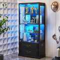FREDEES Display Cabinet with Glass Doors,67' Adjustable Display Shelf with 2 Drawers and 4 Tier Curio Cabinet,Tall Bookcase with 3 Color Lights and Human Body Sensor for Toys,Books（Black）
