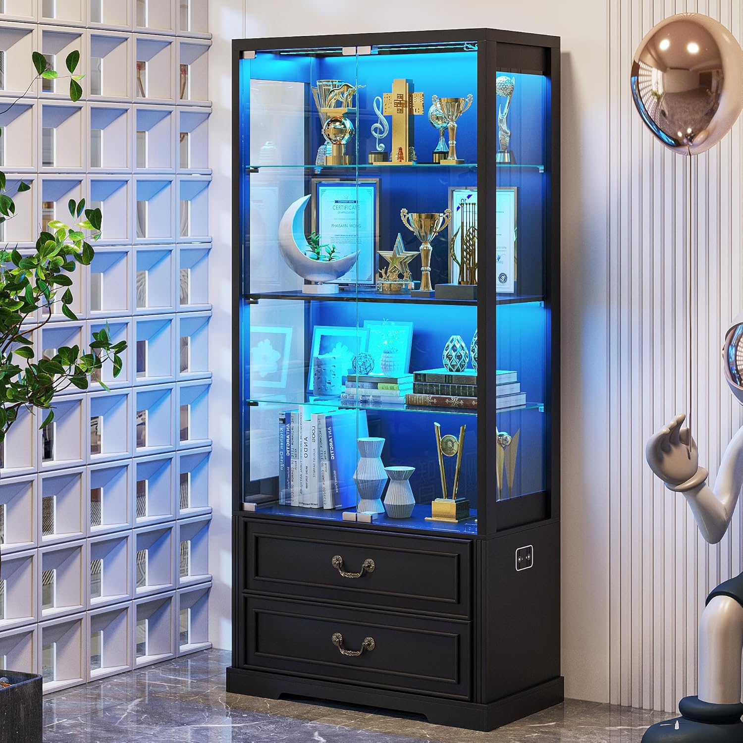 FREDEES Display Cabinet with Glass Doors,67' Adjustable Display Shelf with 2 Drawers and 4 Tier Curio Cabinet,Tall Bookcase with 3 Color Lights and Human Body Sensor for Toys,Books（Black）