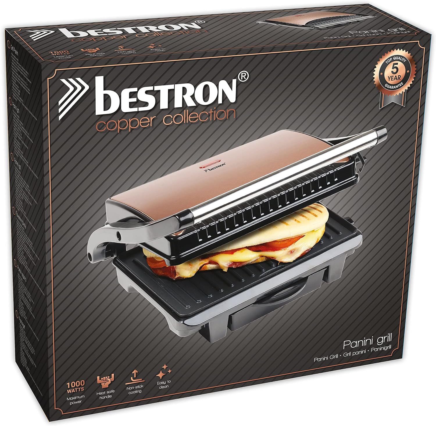 Bestron Electric Sandwich Maker, Panini Non-Stick Contact Grill, with Drip Tray, 1000W, Colour: Copper