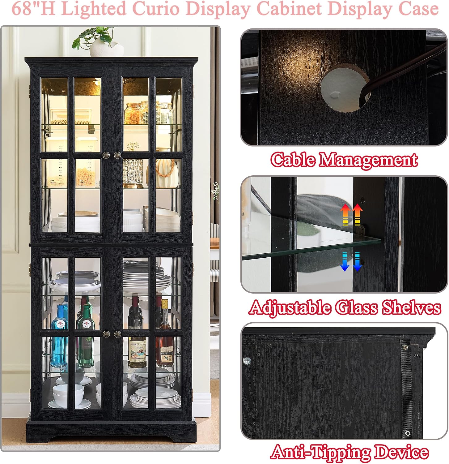68' H Glass Curio Display Cabinet with Light, 6-Tier Wooden Storage Showcase w/ 4 Glass Doors & Adjustable Shelves, Vintage Accent Cabinet w/Mirrored Back Pane for Home & Office (Black)