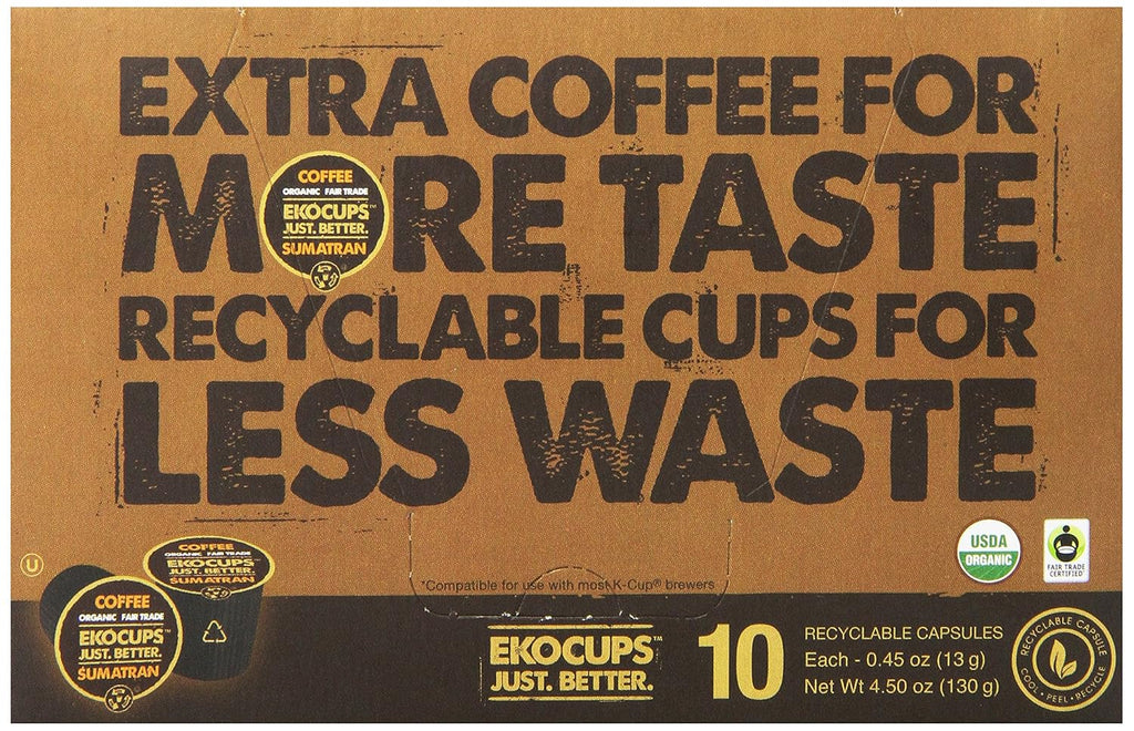 EKOCUPS Organic Sumatra Coffee Pods, Extra 30% More Coffee Per Cup, Fair Trade Dark Roast, Sumatran Reserve Blend for Keurig K Cup Machines, Recyclable Pods, 40 Count (Pack of 4)