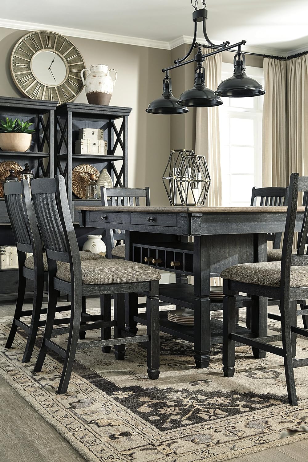 Signature Design by Ashley Tyler Creek Casual Farmhouse 75' Display Cabinet or Bookcase with Drawers and Shelf, Open Lattice Sides, Wood, Gray Black Finish