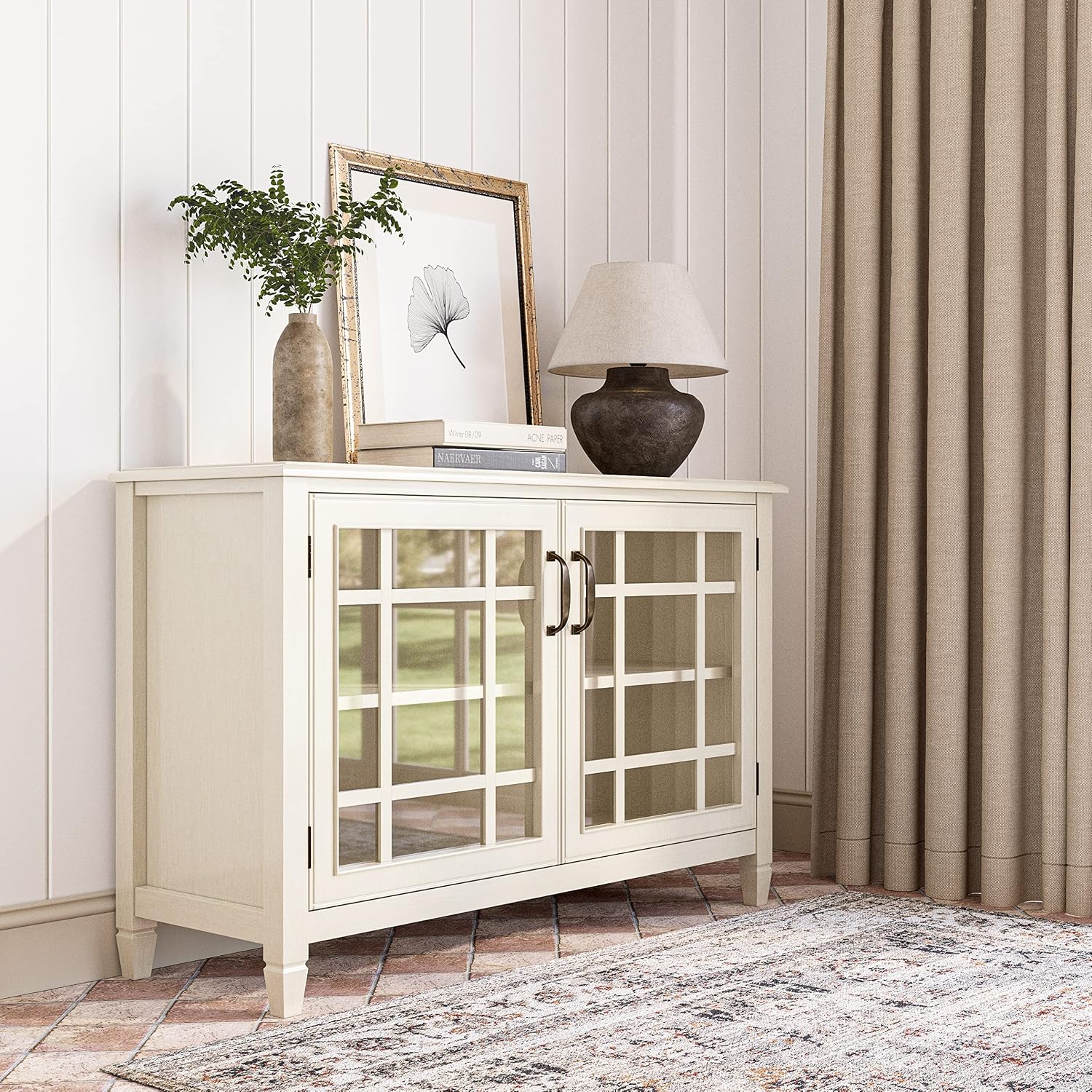 SIMPLIHOME Connaught Storage Cabinet - 46 inch Wide Solid Wood Low Storage Cabinet in Antique White, Traditional Console for Living Room, Entryway, or Dining Room with Glass Doors and Shelves