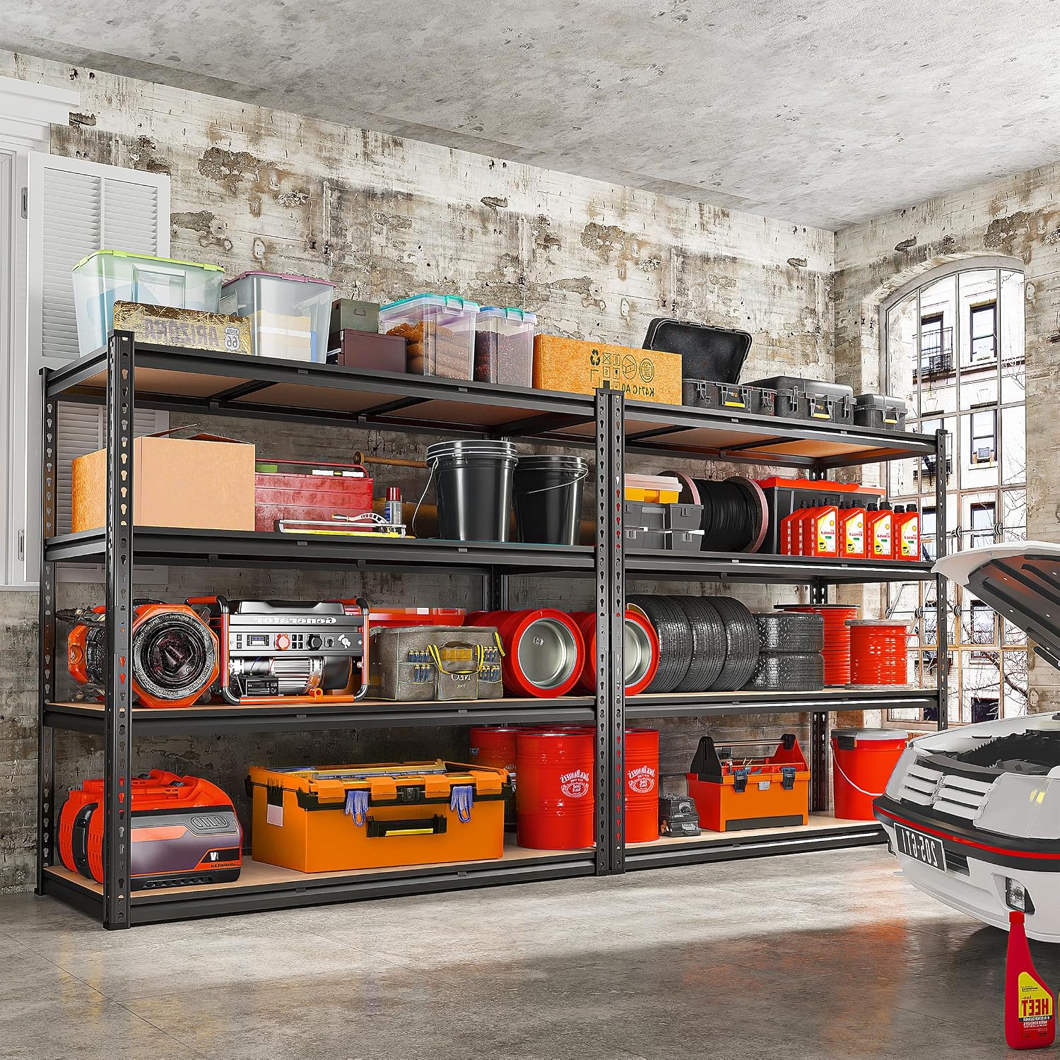 REIBII 48' W Garage Shelving Heavy Duty 2550 LBS Storage Shelves 4 Tier Heavy Duty Shelving, Adjustable Metal Shelves, Industrial Shelf for Garage, Warehouse, Pantry, 48' W x 60' H x 24' D