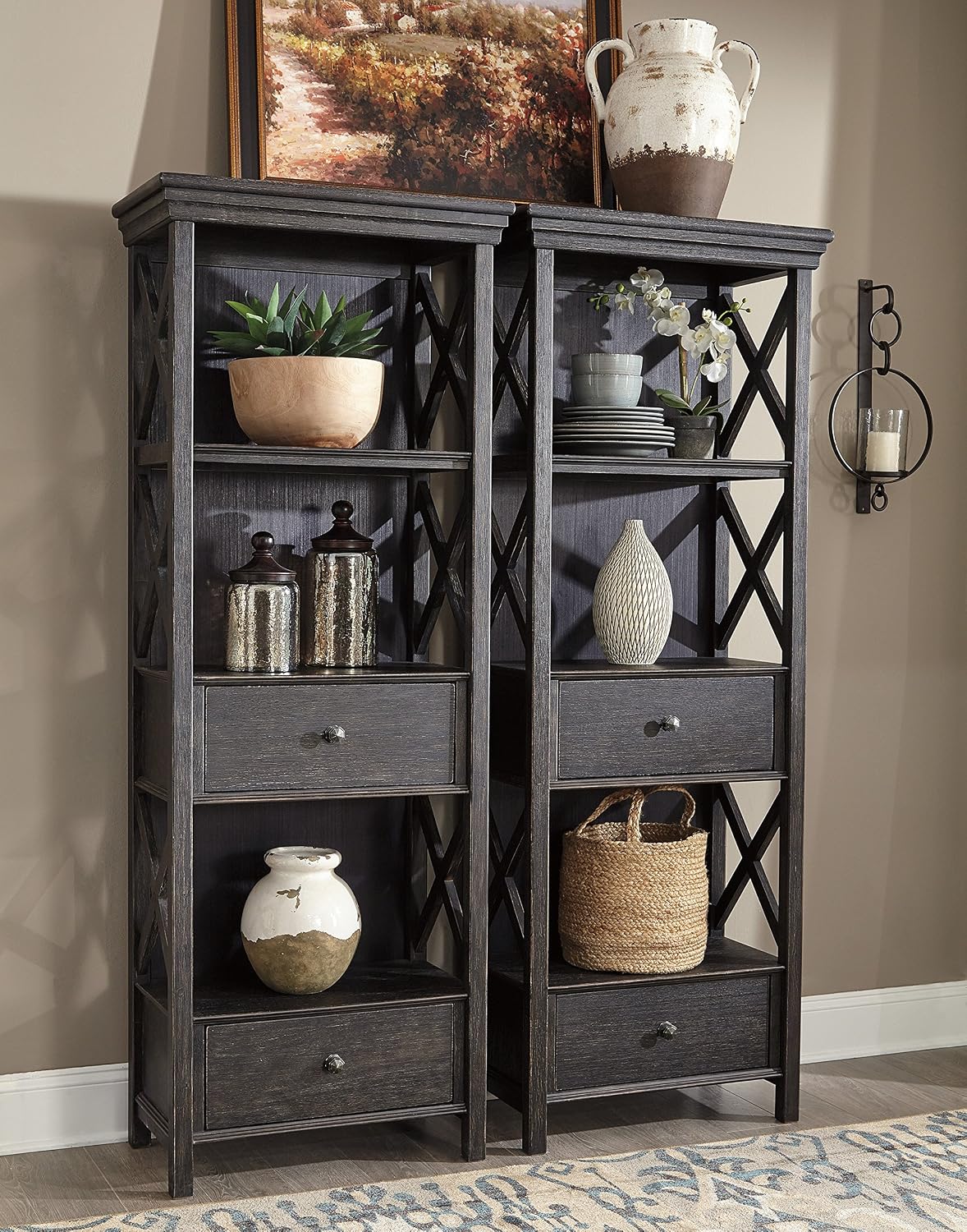 Signature Design by Ashley Tyler Creek Casual Farmhouse 75' Display Cabinet or Bookcase with Drawers and Shelf, Open Lattice Sides, Wood, Gray Black Finish