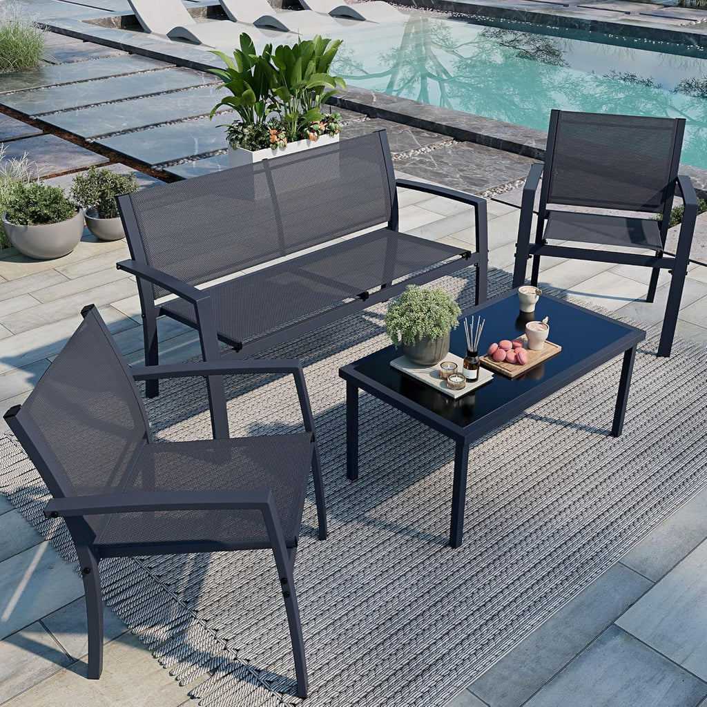 Shintenchi 4 Pieces Patio Furniture Set All Weather Textile Fabric Outdoor Conversation Set, with Glass Coffee Table, Loveseat, 2 Single Chairs for Home, Garden, Lawn, Porch（Gray）