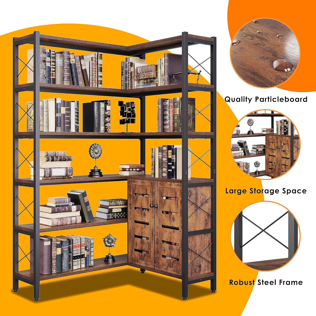 Wildhome 6-Shelf Corner Bookshelf, Vintage Industrial Corner Shelf Etagere Bookcase, Large Book Shelf with Metal Frame Open Storage Corner Cabinet (Brown-Lockers)