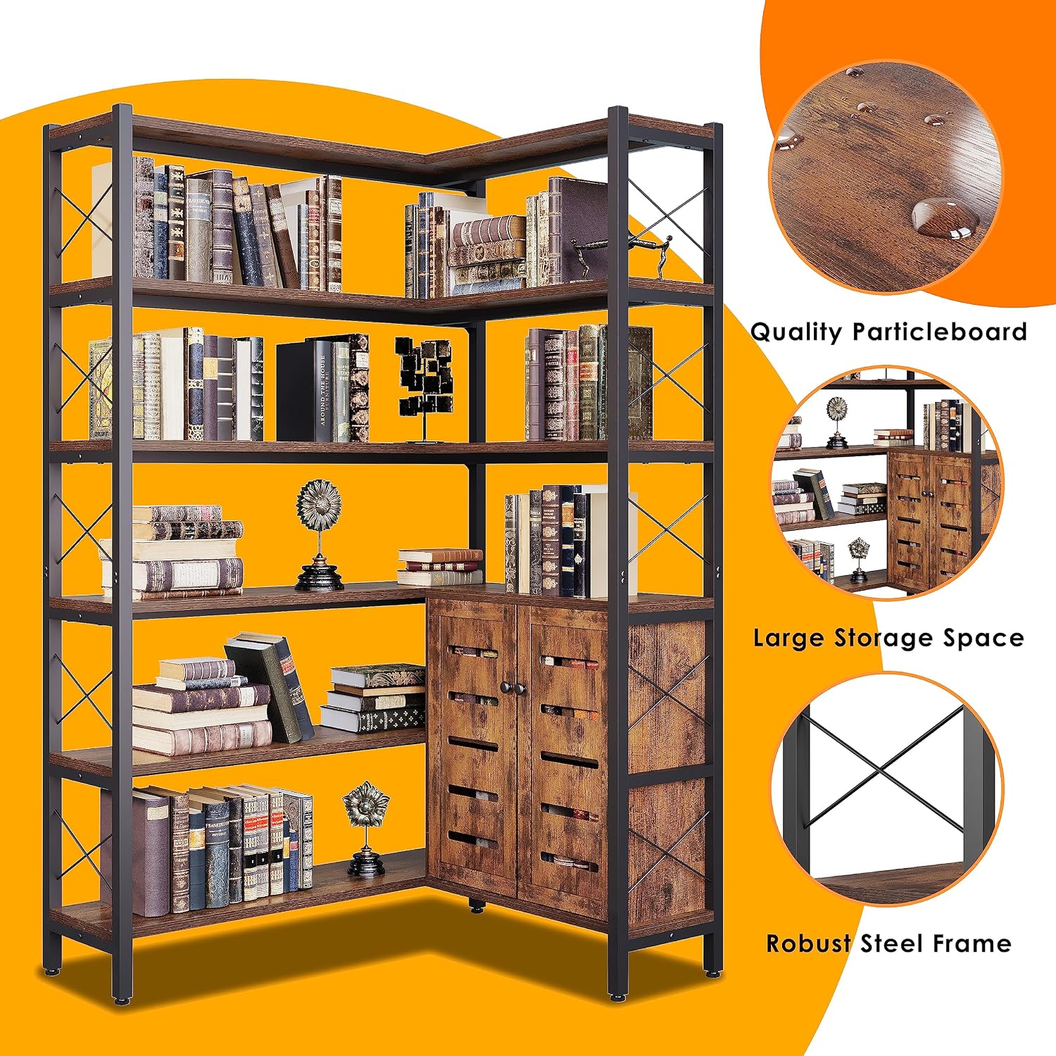 Wildhome 6-Shelf Corner Bookshelf, Vintage Industrial Corner Shelf Etagere Bookcase, Large Book Shelf with Metal Frame Open Storage Corner Cabinet (Brown-Lockers)