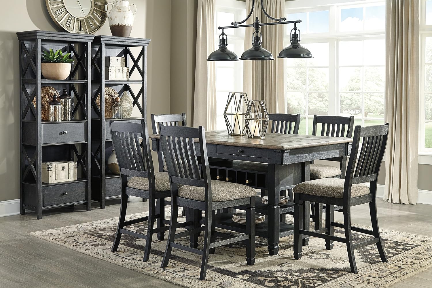 Signature Design by Ashley Tyler Creek Casual Farmhouse 75' Display Cabinet or Bookcase with Drawers and Shelf, Open Lattice Sides, Wood, Gray Black Finish