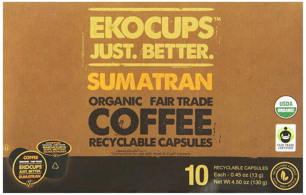 EKOCUPS Organic Sumatra Coffee Pods, Extra 30% More Coffee Per Cup, Fair Trade Dark Roast, Sumatran Reserve Blend for Keurig K Cup Machines, Recyclable Pods, 40 Count (Pack of 4)