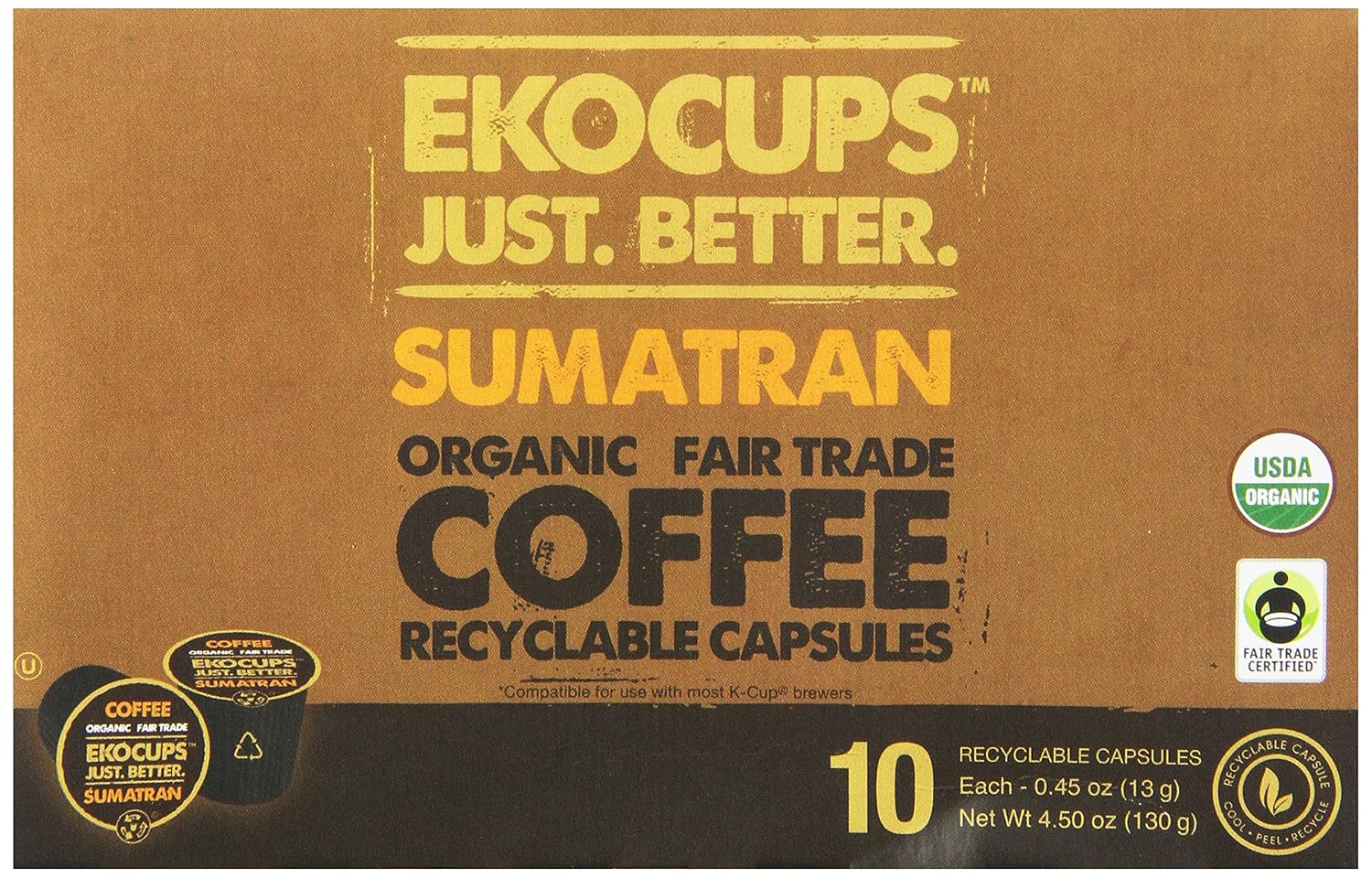 EKOCUPS Organic Sumatra Coffee Pods, Extra 30% More Coffee Per Cup, Fair Trade Dark Roast, Sumatran Reserve Blend for Keurig K Cup Machines, Recyclable Pods, 40 Count (Pack of 4)