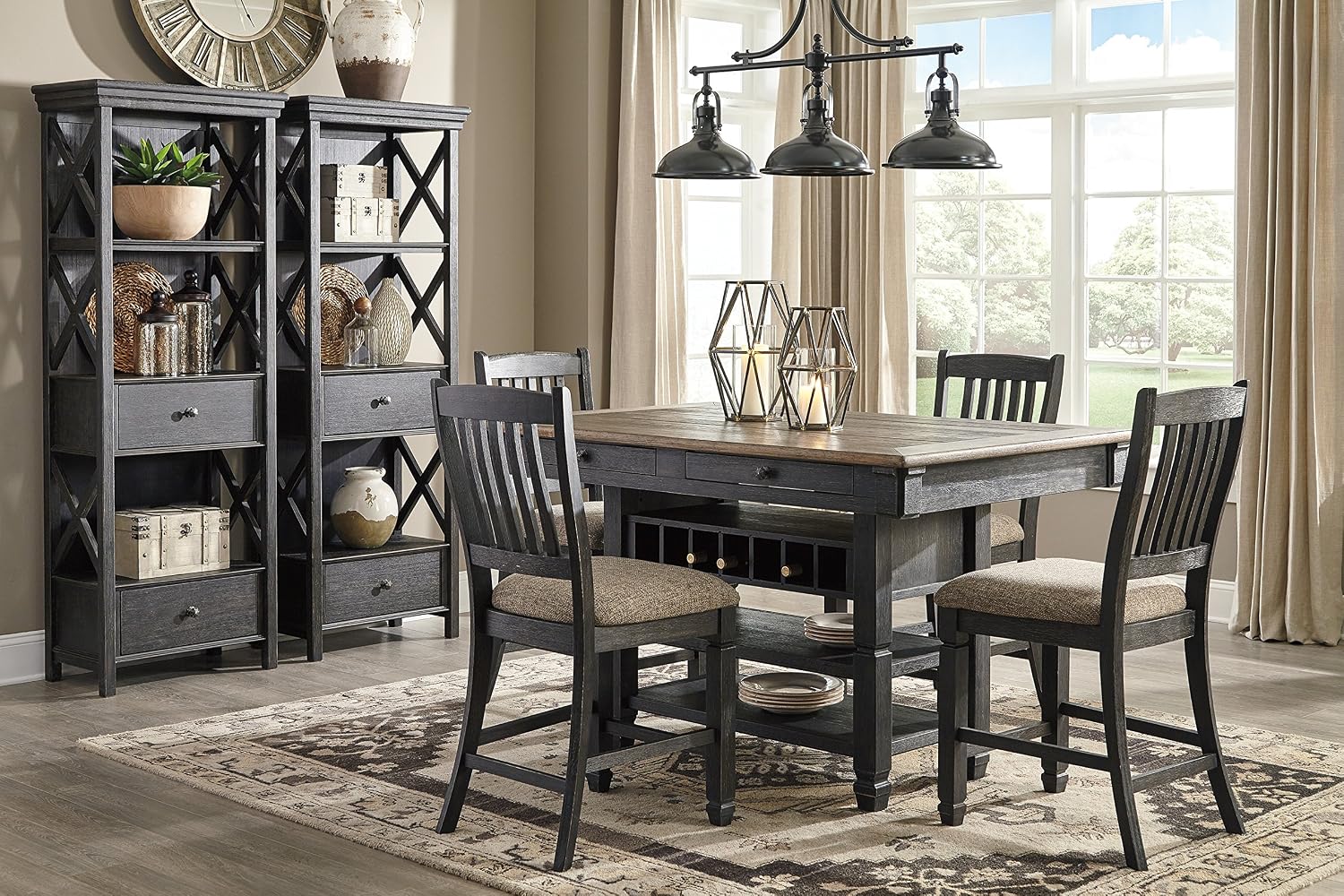 Signature Design by Ashley Tyler Creek Casual Farmhouse 75' Display Cabinet or Bookcase with Drawers and Shelf, Open Lattice Sides, Wood, Gray Black Finish