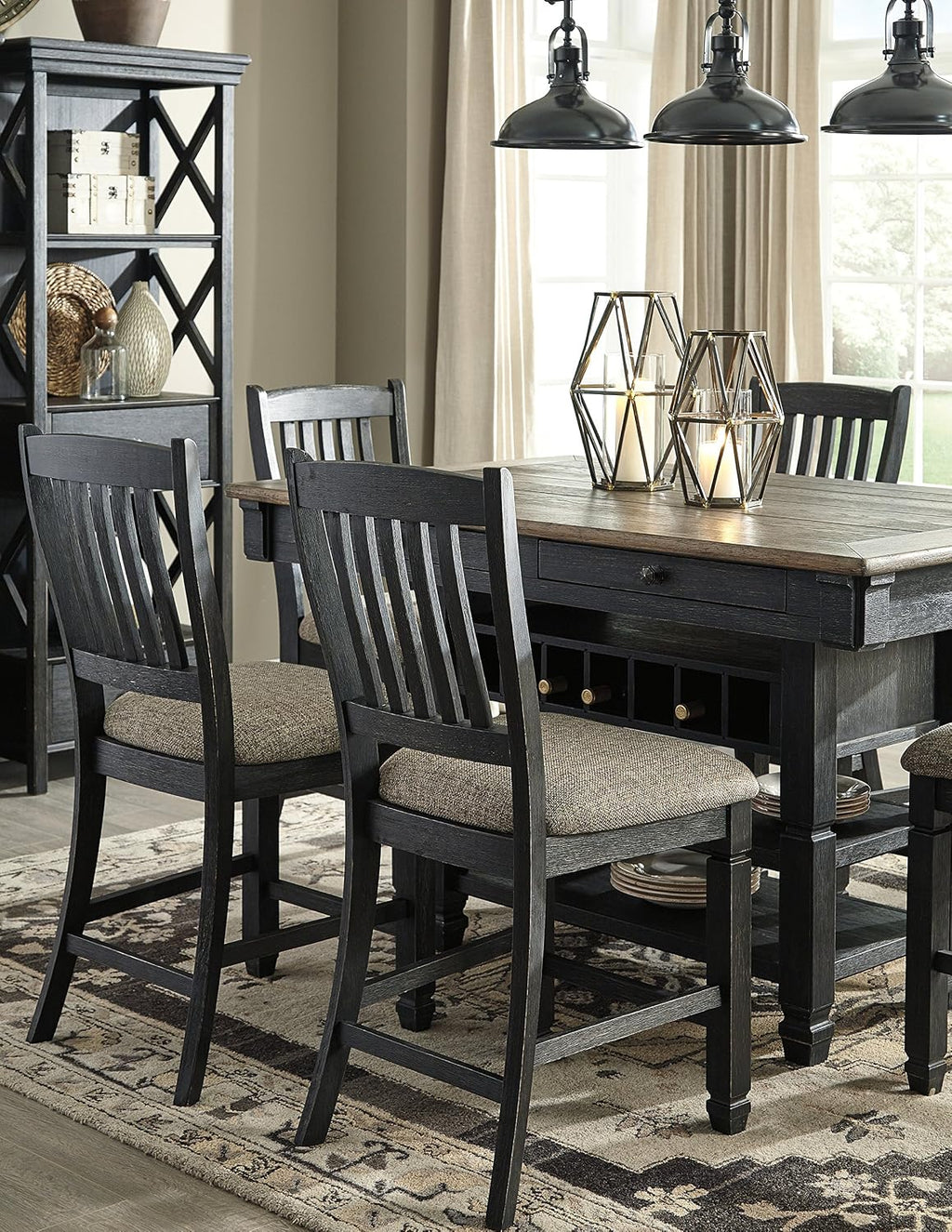 Signature Design by Ashley Tyler Creek Casual Farmhouse 75' Display Cabinet or Bookcase with Drawers and Shelf, Open Lattice Sides, Wood, Gray Black Finish
