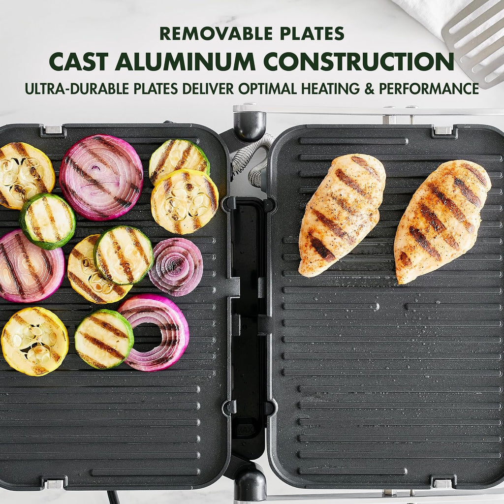GreenPan Electric Indoor Stainless Steel 6-in-1 Contact Grill and Griddle, Healthy Ceramic Nonstick, Dishwasher Safe Reversible Plates, PFAS-Free